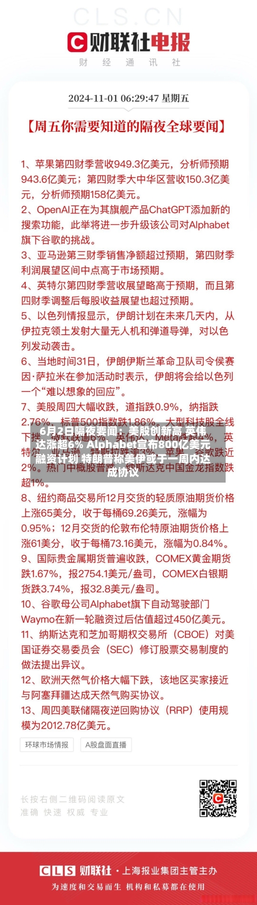 6月2日隔夜要闻：美股创新高 英伟达涨超6% Alphabet宣布800亿美元融资计划 特朗普称美伊或于一周内达成协议-第3张图片